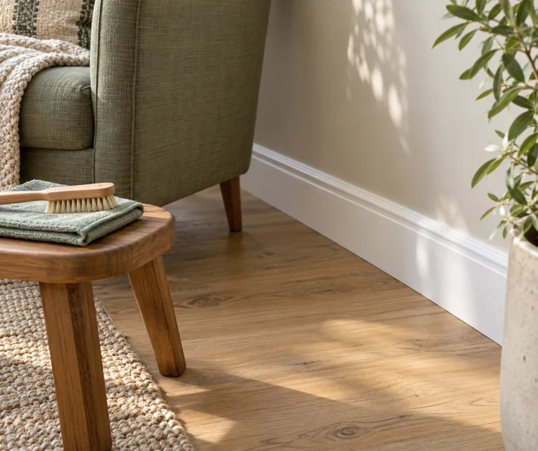 White baseboard and oak floor with a soft brush and folded cloth
