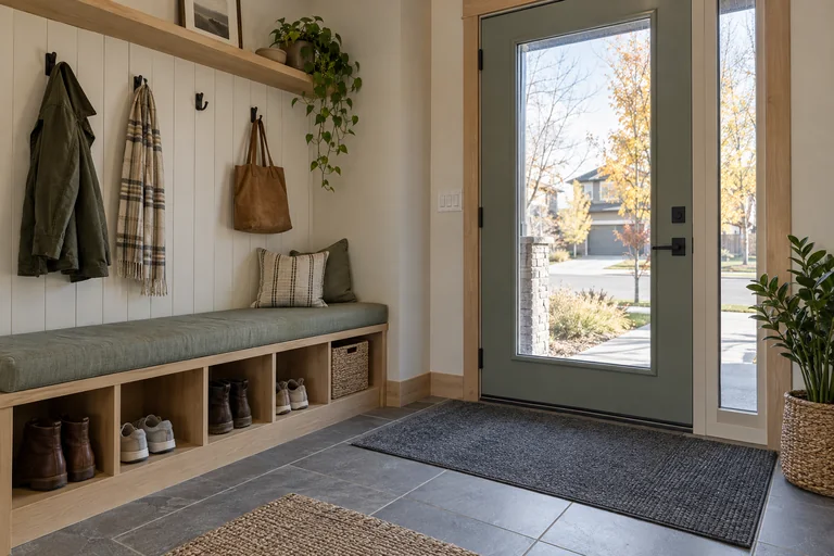 Tidy mudroom bench, shoe cubbies and a clean entry mat