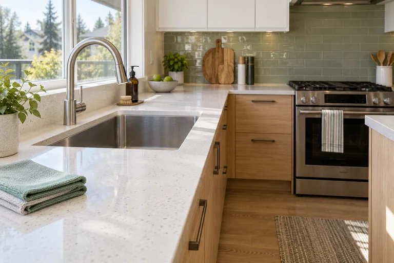 Clean quartz kitchen counter, stainless sink and cooktop with a folded cloth