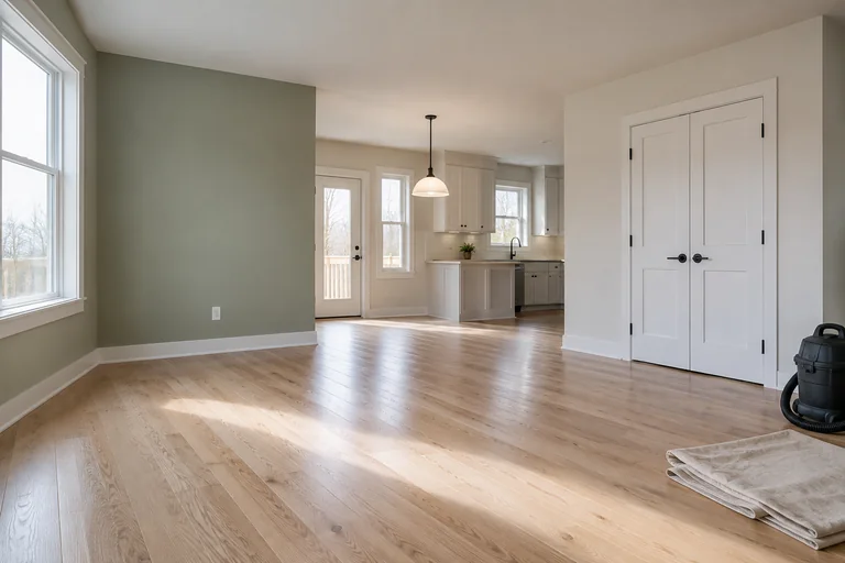 Finished empty room with clean trim, a folded dropcloth and compact vacuum